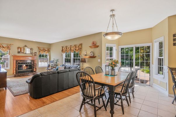 Dining room, Fireplace, Interior, Living room, Pendant Lights