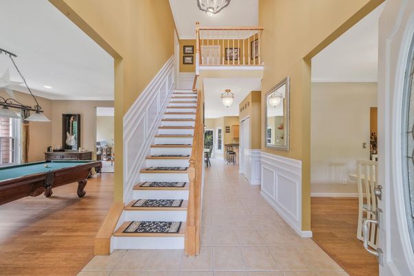 Billiard Table, Game Room, Interior, Pendant Lights, Recessed Lighting, Wood Texture Flooring