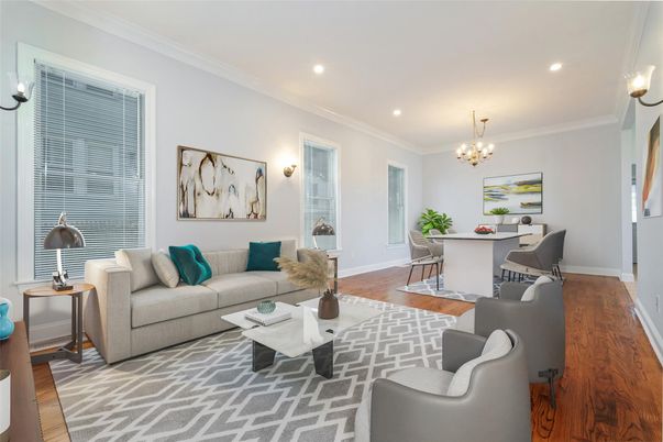 Chandelier, Dining room, Interior, Living room, Recessed Lighting, Wood Texture Flooring