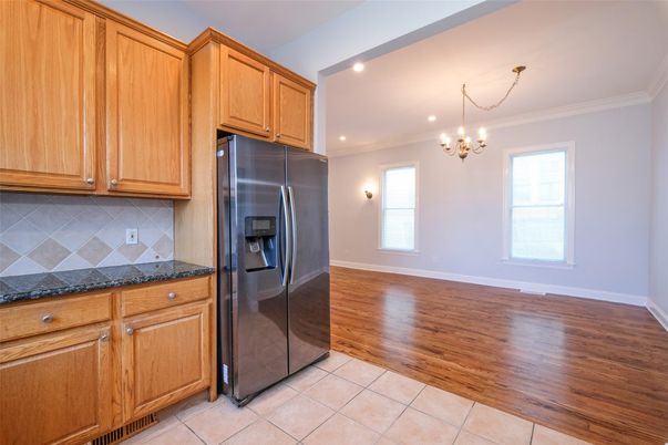 Chandelier, Empty room, Interior, Kitchen, Recessed Lighting, Wood Texture Flooring