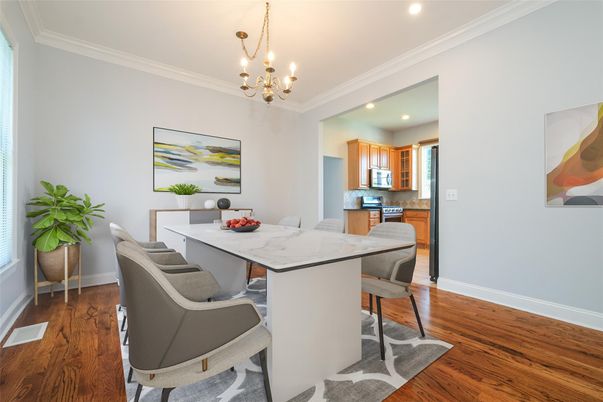 Chandelier, Dining room, Interior, Kitchen, Recessed Lighting, Wood Texture Flooring