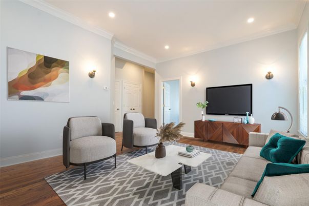 Interior, Living room, Recessed Lighting, Wood Texture Flooring