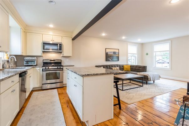 Interior, Kitchen, Living room, Recessed Lighting, Stainless Steel Appliances, Wood Texture Flooring