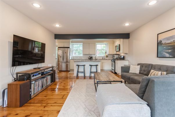 Interior, Kitchen, Living room, Recessed Lighting, Wood Texture Flooring