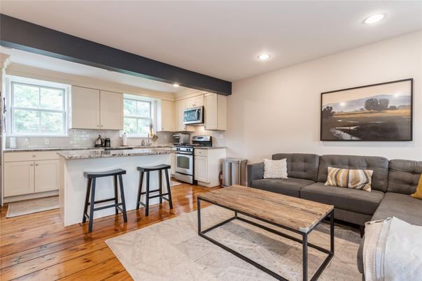 Interior, Kitchen, Living room, Recessed Lighting, Stainless Steel Appliances, Wood Texture Flooring