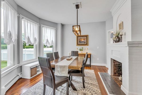 Dining room, Fireplace, Interior, Pendant Lights, Wood Texture Flooring