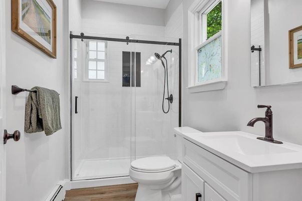 Bathroom, Glass Shower, Interior, Wood Texture Flooring