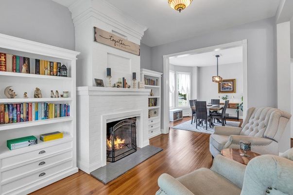 Dining room, Fireplace, Interior, Living room, Pendant Lights, Wood Texture Flooring