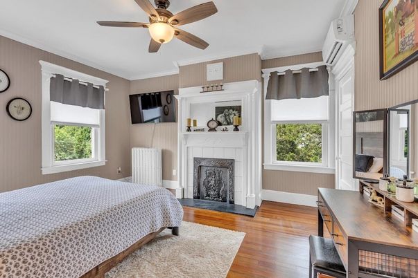 Bedroom, Fireplace, Interior, Wood Texture Flooring