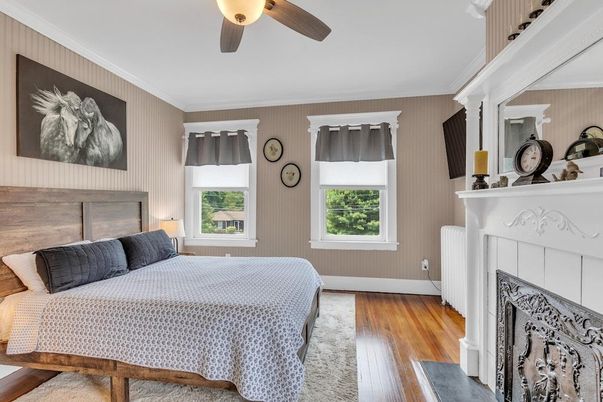 Bedroom, Fireplace, Interior, Wood Texture Flooring