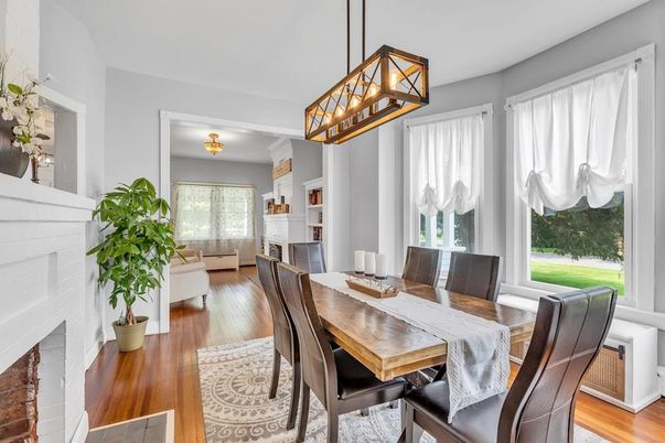 Dining room, Fireplace, Interior, Pendant Lights, Wood Texture Flooring