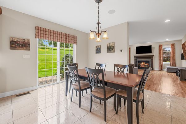 Dining room, Fireplace, Interior, Pendant Lights, Recessed Lighting, Wood Texture Flooring