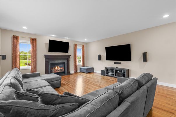 Fireplace, Interior, Living room, Recessed Lighting, Wood Texture Flooring