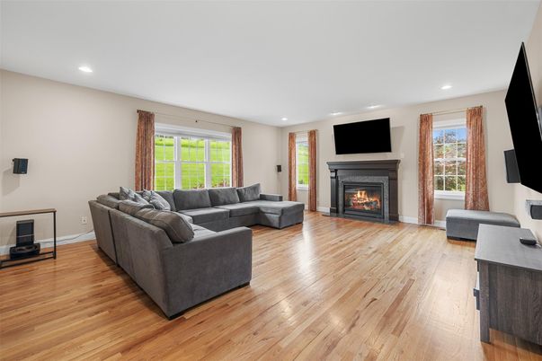 Fireplace, Interior, Living room, Recessed Lighting, Wood Texture Flooring