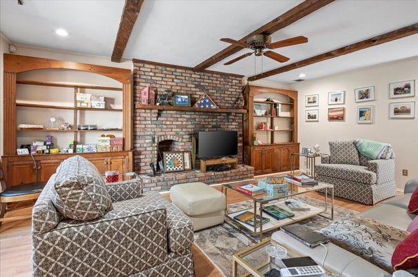 Fireplace, Interior, Living room, Recessed Lighting, Stone Walls, Wooden Beams, Wood Texture Flooring