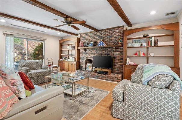 Interior, Living room, Recessed Lighting, Stone Walls, Wooden Beams, Wood Texture Flooring