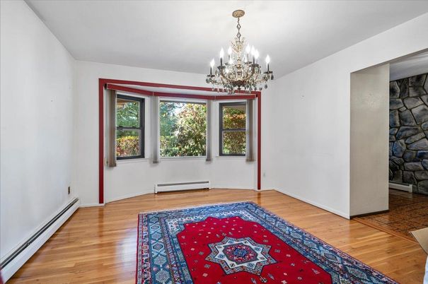 Chandelier, Empty room, Interior, Stone Walls, Wood Texture Flooring