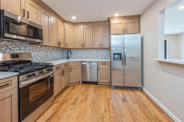 Interior, Kitchen, Recessed Lighting, Stainless Steel Appliances, Wood Texture Flooring
