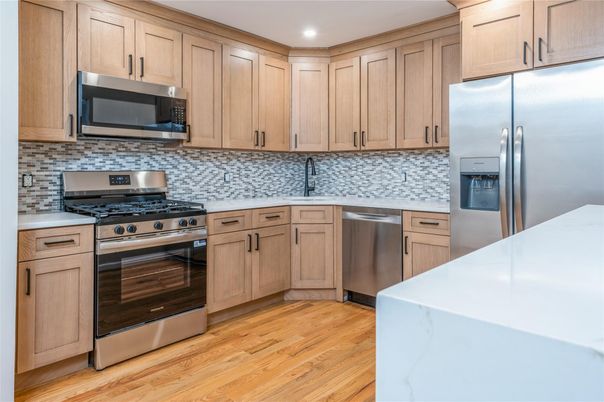 Interior, Kitchen, Recessed Lighting, Stainless Steel Appliances, Wood Texture Flooring