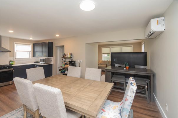 Dining room, Interior, Kitchen, Living room, Recessed Lighting, Wood Texture Flooring