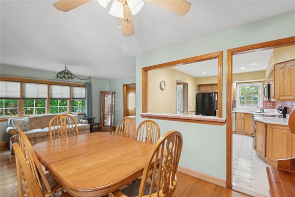 Dining room, Interior, Kitchen, Recessed Lighting, Wood Texture Flooring