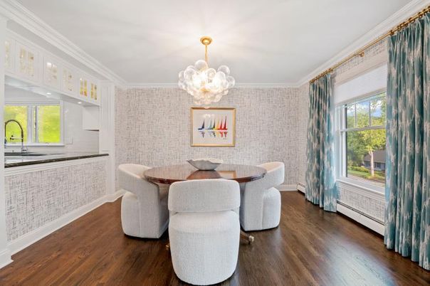 Chandelier, Dining room, Interior, Wood Texture Flooring