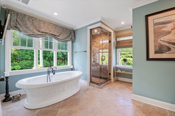 Bathroom, Free Standing Baths, Glass Shower, Interior, Recessed Lighting
