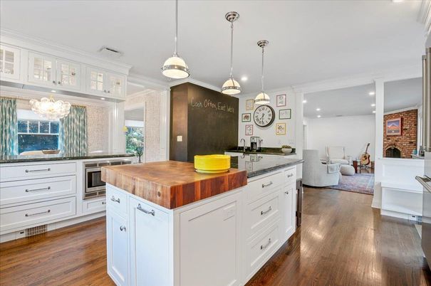 Fireplace, Interior, Kitchen, Living room, Pendant Lights, Recessed Lighting, Stone Walls, Wood Texture Flooring