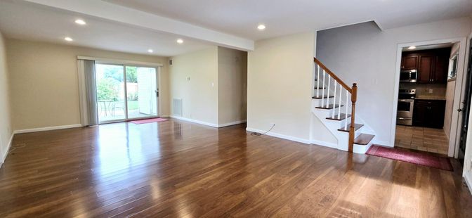 Empty room, Interior, Kitchen, Recessed Lighting, Wood Texture Flooring