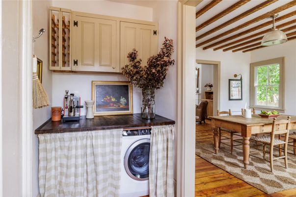 Dining room, Interior, Washer, Wooden Beams, Wood Texture Flooring