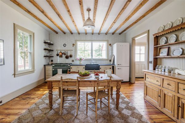 Interior, Kitchen, Pendant Lights, Stone Walls, Wooden Beams, Wood Texture Flooring