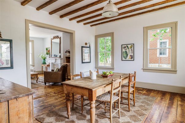 Dining room, Fireplace, Interior, Wooden Beams, Wood Texture Flooring