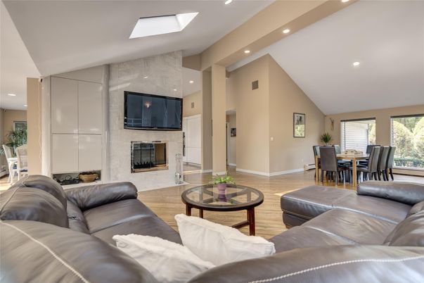 Dining room, Fireplace, Interior, Living room, Recessed Lighting, Wood Texture Flooring