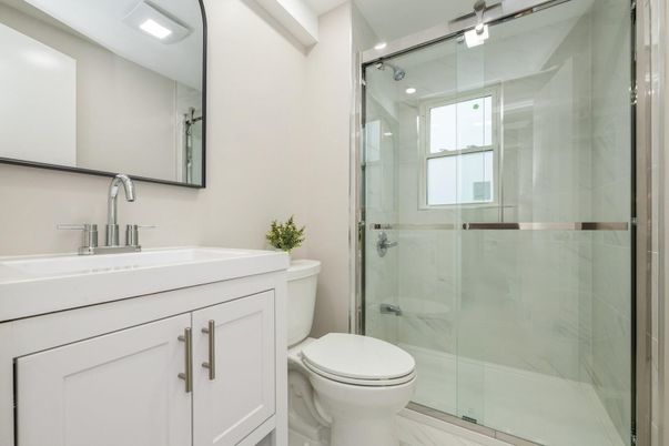 Bathroom, Glass Shower, Interior, Marble Walls, Recessed Lighting