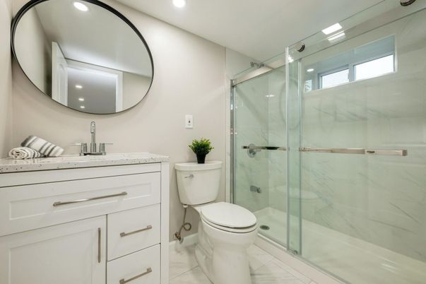 Bathroom, Glass Shower, Interior, Marble, Marble Walls, Recessed Lighting