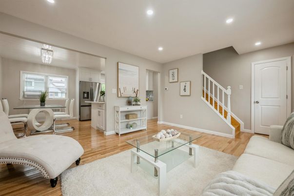 Interior, Kitchen, Living room, Recessed Lighting, Stainless Steel Appliances, Wood Texture Flooring