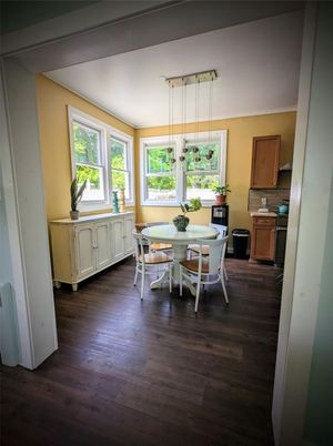 Dining room, Interior, Pendant Lights, Wood Texture Flooring