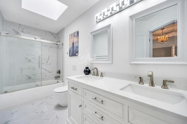 Bathroom, Chandelier, Dual Sink Vanities, Glass Shower, Interior, Marble, Marble Walls