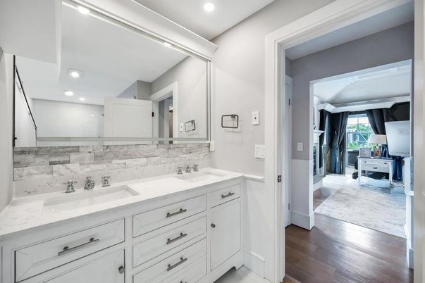 Bathroom, Dual Sink Vanities, Interior, Recessed Lighting, Wood Texture Flooring
