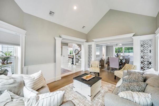 Dining room, Interior, Living room, Recessed Lighting, Wood Texture Flooring