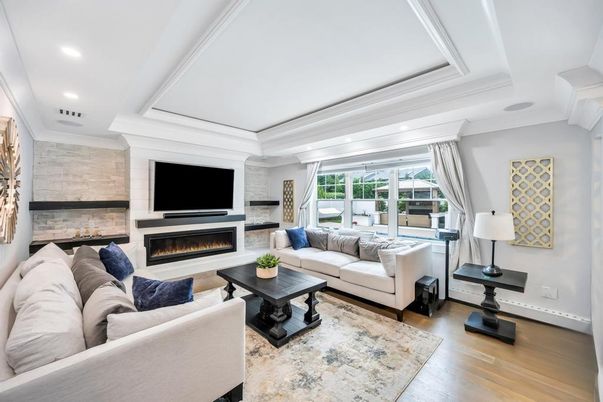 Fireplace, Interior, Living room, Recessed Lighting, Stone Walls, Wood Texture Flooring