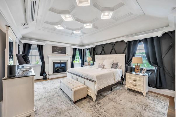 Bedroom, Fireplace, Interior, Recessed Lighting, Wood Texture Flooring