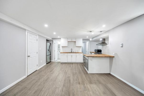 Interior, Kitchen, Pendant Lights, Recessed Lighting, Wood Texture Flooring