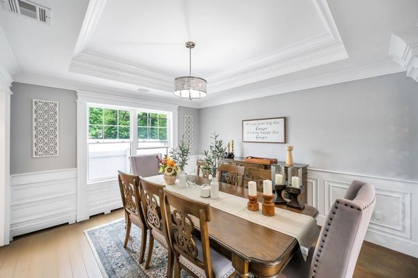 Dining room, Interior, Pendant Lights, Wood Texture Flooring