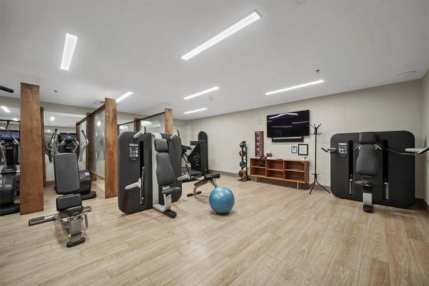 Fitness Equipment, Gym, Interior, Recessed Lighting, Wood Texture Flooring