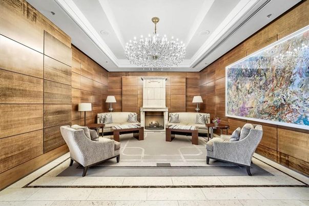 Chandelier, Fireplace, Interior, Living room, Recessed Lighting, Wood Texture Flooring, Wooden Walls