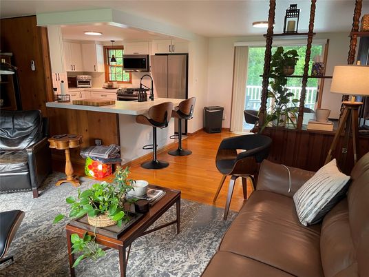 Interior, Kitchen, Living room, Recessed Lighting, Stainless Steel Appliances, Wood Texture Flooring