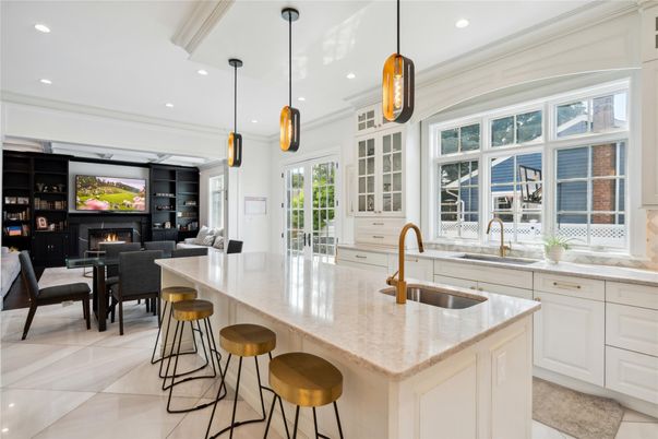 Dining room, Fireplace, Interior, Kitchen, Living room, Pendant Lights, Recessed Lighting