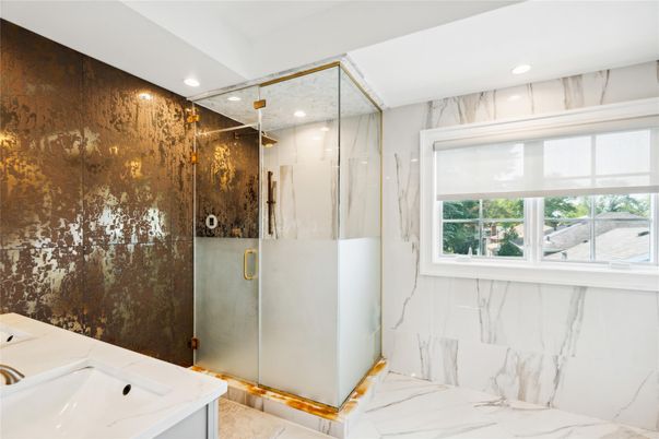 Bathroom, Glass Shower, Interior, Marble, Marble Walls, Recessed Lighting