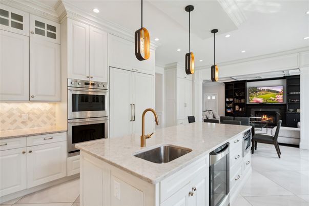 Dining room, Fireplace, Interior, Kitchen, Living room, Pendant Lights, Recessed Lighting, Stainless Steel Appliances